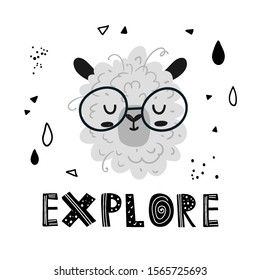 Vector hand-drawn cute illustration of a sheep in round glasses and the inscription Explore in Scandinavian style. Children's poster, postcard, congratulation with a cute sheep and lettering.