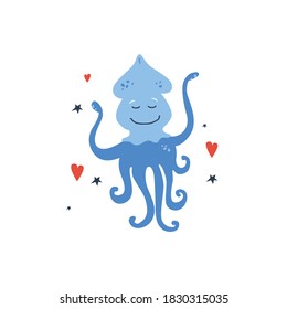 Vector handdrawn cute illustration of Squid on white background with hearts and stars. Concept for kids design, cute cartoon character for children poster. Funny sea creature