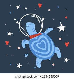 Vector handdrawn cute illustration of turtle in the space helmet on the starry sky. Concept for kids design, cute cartoon character for children room poster. Funny sea creature in space as cosmonaut