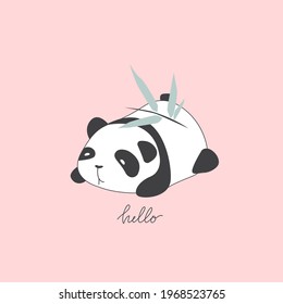 Vector hand-drawn cute panda with bamboo branch on his head. Cute print for t-shirt, logo design. Hello lettering