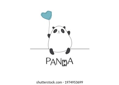 Vector. Hand-drawn cute panda. The panda is sitting. Holds a balloon. The panda is funny. Panda lettering. Print for fabric, wallpaper, logo.