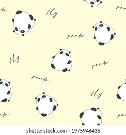 Vector hand-drawn cute pandas. Pandas are flying. Hand lettering panda, fly. Cute design. Seamless pattern. Seamless wallpaper. On a yellow background