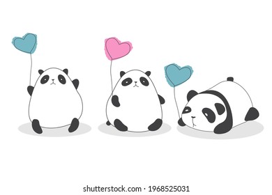 Vector hand-drawn cute pandas are holding balloons. Cute print for t-shirt, logo design. On white background