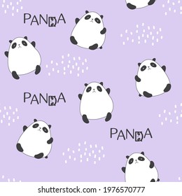 Vector hand-drawn cute pandas. Scandinavian style pattern with dots and hand lettering panda. On a purple background.