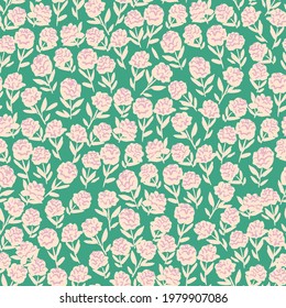 Vector hand-drawn cute roses illustration motif seamless repeat pattern retro deep green and white background digital file pattern artwork fashion print