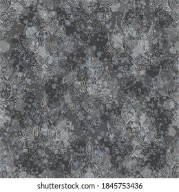 Vector hand-drawn Damascus ornament on textured background. Antique shabby seamless pattern for printed products like wallpapers, packaging, textiles.