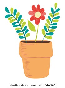 Vector hand-drawn digital illustration of flower, plants, and leaves in a clay pot