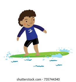 Vector hand-drawn digital illustration of young hispanic curly-haired boy surfing