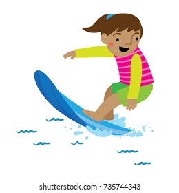 Vector hand-drawn digital illustration of young hispanic girl surfing