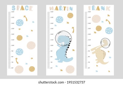 Vector hand-drawn dino height meters. Hand-drawn dinosaurs. Cute posters on the wall. Printed products. Height gauge design. Stadiometer.