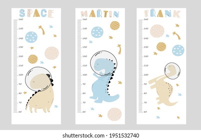 Vector hand-drawn dino height meters. Hand-drawn dinosaurs. Cute posters on the wall. Printed products. Height gauge design.