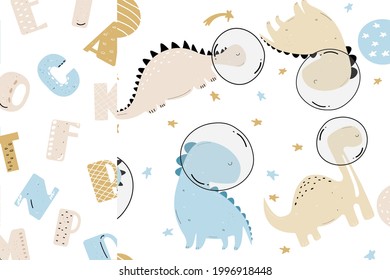 Vector. Dino dibujado a mano en el espacio. Patrón sin foco al estilo escandinavo. Patrón de letras de chino. 2 en 1. Papel tapiz para niños, diseño.