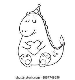 vector hand-drawn dinosaur in love in a festive hat. cute funny cartoon character. print, sticker, postcard, doodle, sketch. isolated on a white background