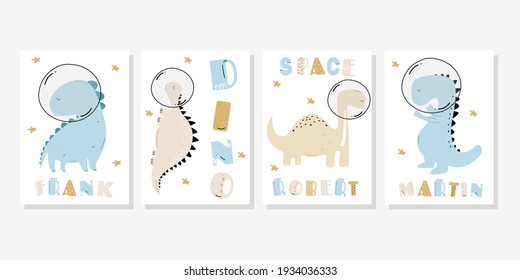 Vector hand-drawn dinosaurs in space. Cute dinosaur posters. Children's posters on the wall. Space dinosaurs. Cute colored child's drawing. Dinosaurs with names, hand-drawn letters in Scandinavian sty