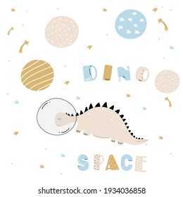Vector hand-drawn dinosaurs in space. Cute dinosaur posters. Children's posters on the wall. Space dinosaurs. Cute colored child's drawing. Dinosaurs with names, hand-drawn letters in Scandinavian sty