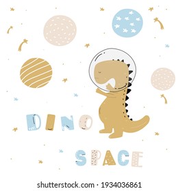 Vector hand-drawn dinosaurs in space. Cute dinosaur posters. Children's posters on the wall. Space dinosaurs. Cute colored child's drawing. Dinosaurs with names, hand-drawn letters in Scandinavian sty