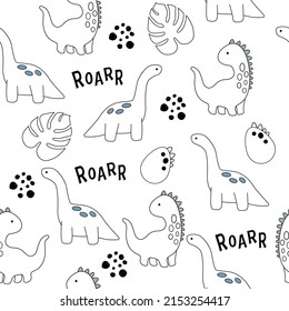 Vector hand-drawn dinosaurs, tropical leaves, eggs and the inscription roar. Cute dinosaurs. Coloring book for children and adults. Seamless pattern.
