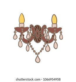 Vector hand-drawn doodle of antique decorated twin candle shaped wall lights, shining with yellow light. Isolated on white background.