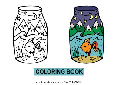 dibujo vectorial de doodle dibujado a mano de un frasco mágico con un pez dorado. aislado en un fondo blanco. libro coloreado con una opción en color.