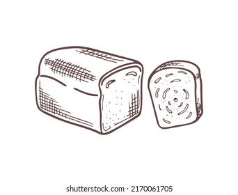 Vector hand-drawn doodle bread with slice isolated on white background.