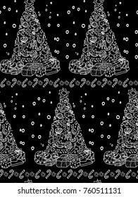 Vector hand-drawn doodle Christmas tree, gift boxes, teddy bears, lollipops, snowmen. Black and white colors.