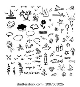 Vector hand-drawn doodle clipart on sea / ocean / summer theme. Doodle elements are perfect for invitation, poster, mug, bag, card or t-shirt design. Black and white duotone illustration.