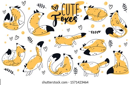 Vector hand-drawn doodle cute kids SET foxes, leaves and hearts in the Scandinavian style is not white. Cute vector set with animals. Wild nature. Foxes.