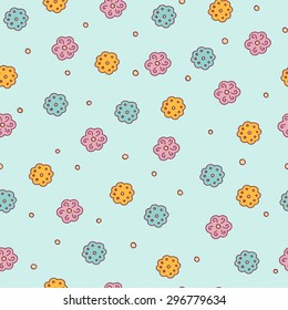 Vector hand-drawn doodle floral seamless pattern. Tender background with flowers, dots