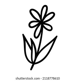 vector hand-drawn doodle flower on a stem with leaves. floral decorative element for design. logo, icon, sticker, sketch, tattoo.