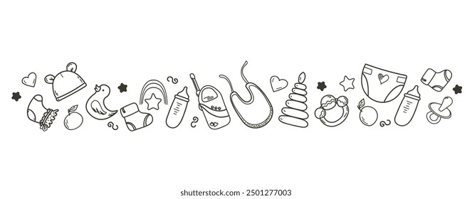 Vector hand-drawn doodle frame on a children's theme. Toys and items of children's hygiene and clothing. Linear illustration on a white background. For greeting cards and packaging.