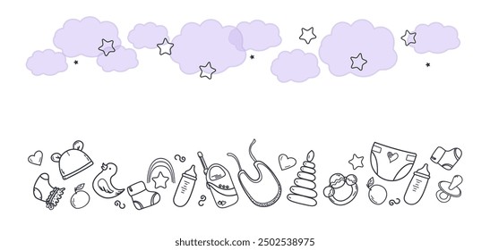 Vector hand-drawn doodle frame on a children's theme. Toys and items of children's hygiene and clothing. Linear illustration on a white background. For greeting cards and packaging.