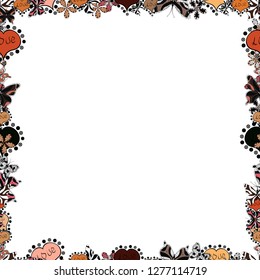 Vector. Hand-drawn doodle frames. Seamless. Sketch icons for invitation, flyer, poster. Picture in white, orange and black colors.