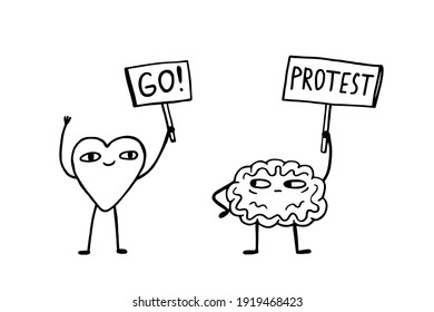 Vector hand-drawn doodle illustration in cartoon style.Joyful heart holds sign that says Go!Skeptical brain holds a sign that says: Protest.What to listen to the call of the heart or the voice of mind