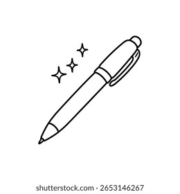 Ilustração de doodle desenhado à mão de vetor de uma caneta retrátil bonito com clipe e estrelas cintilantes em negrito estilo contorno preto limpo angulado de baixo para cima à direita sobre fundo branco