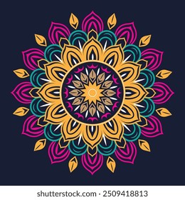 Vector hand-drawn doodle mandala with ethnic tribal ornaments. The mandala has a bright color palette with shades of blue, yellow, red, and green.