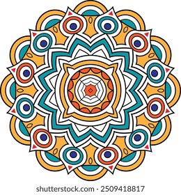 Vector hand-drawn doodle mandala with ethnic tribal ornaments. The mandala has a bright color palette with shades of blue, yellow, red, and green.