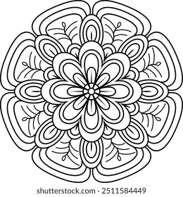 Vector hand-drawn doodle mandala with ethnic tribal ornaments. The mandala has a bright color palette with shades of black and white