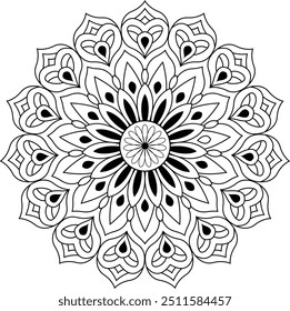 Vector hand-drawn doodle mandala with ethnic tribal ornaments. The mandala has a bright color palette with shades of black and white