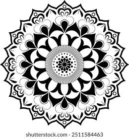 Mandala de doodle desenhado à mão com ornamentos tribais étnicos. A mandala tem uma paleta de cores brilhantes com tons de preto e branco