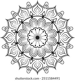 Vector hand-drawn doodle mandala with ethnic tribal ornaments. The mandala has a bright color palette with shades of black and white