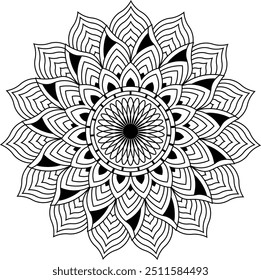 Vector hand-drawn doodle mandala with ethnic tribal ornaments. The mandala has a bright color palette with shades of black and white