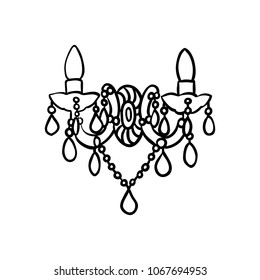 Vector hand-drawn doodle outline of antique decorated twin candle shaped wall lights. Isolated on white background.