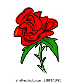 Rojo y hojas de doodle dibujados a mano por vectores, rosa roja simple y aislada de forma vectorial sobre fondo blanco.