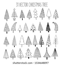 Vector hand-drawn doodle set with Christmas trees. Winter vector illustration with different types of Christmas trees.