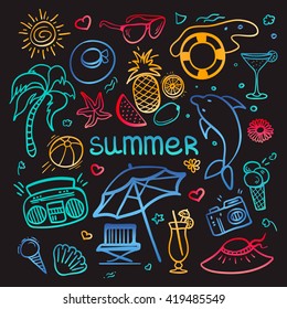 Vector hand-drawn Doodle set of objects and symbols in neon style for summer holidays.  Vector illustration for web, mobile and print. 