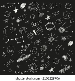 Vector hand-drawn doodle of space: planets, alien, big dipper, sun, black hole, rocket, moon, satellite, asteroid, spiral, cloud, stars, ufo