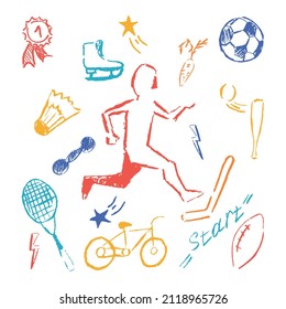 Vector hand-drawn doodle with hand-drawn sports objects.Hand drawn Fitness doodle set.Color
