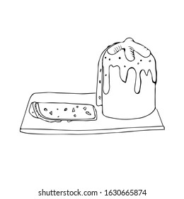 Vector hand-drawn doodle style, ink sketch, Easter cake stands on a cutting board, next to piece of paska with raisins. paska decorated with glaze flows down on the sides, spring cupcake Illustration
