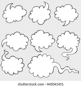 Vector hand-drawn doodle transparent speech bubbles in dialogs. Talking cloud bubble with sketch stroke for comics. Frame for text words spoken sentences. Elements for design in the style of sketch