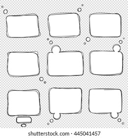 Vector hand-drawn doodle transparent speech bubbles in dialogs. Talking square bubble with sketch stroke for comics. Frame for text words spoken sentences. Elements for design in the style of sketch